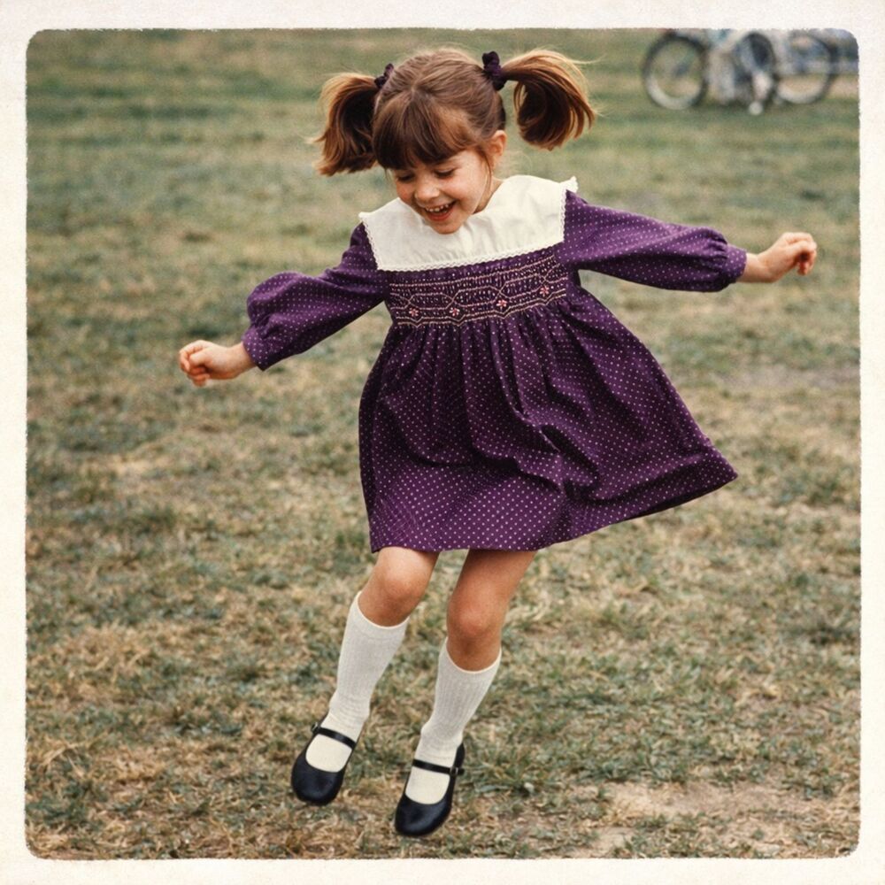 VTG Polly Flinders, Collared Smocked Purple Long Sleeve Mini Floral Girls Dress